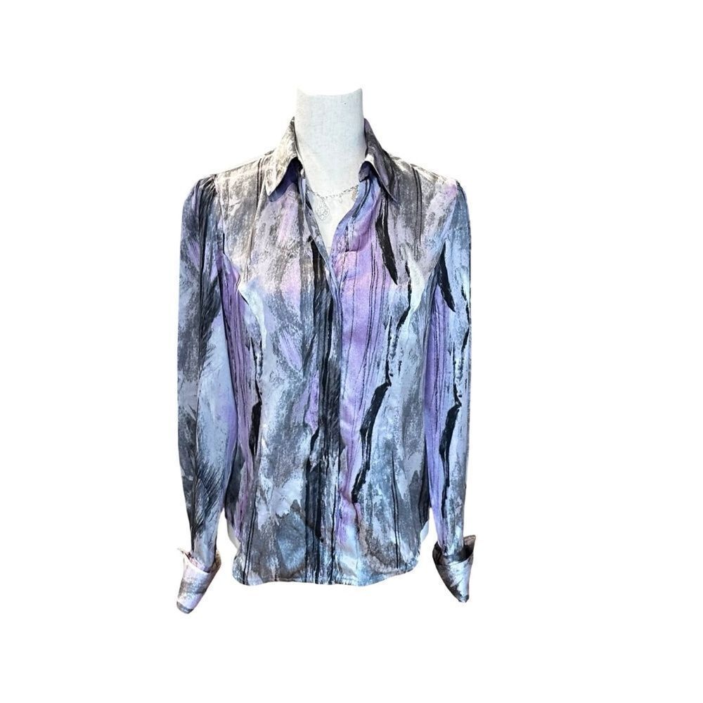 Jones New York Long Sleeve Button-Up Blouse Watercolor Purples/Grays Size 4
